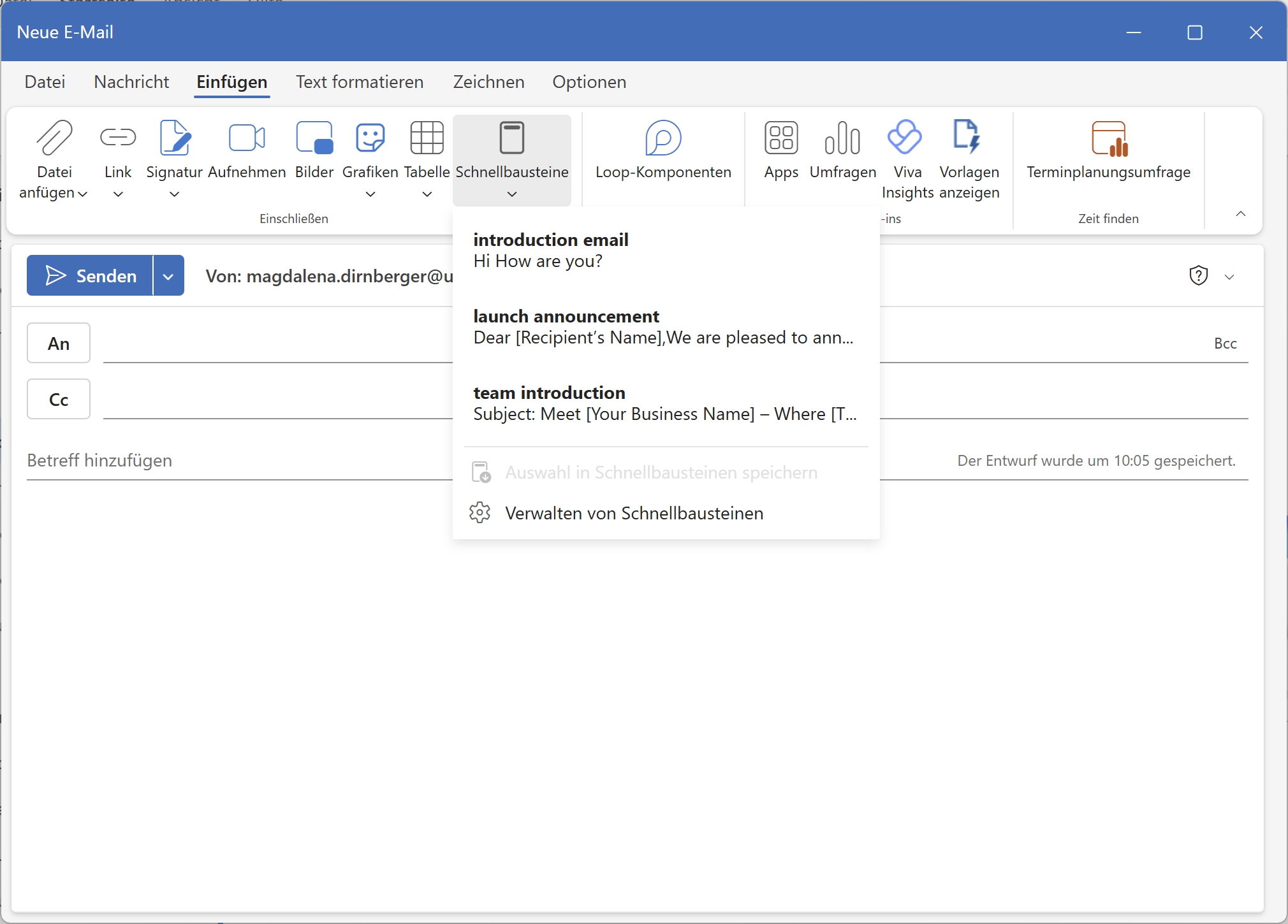 Microsoft Outlook new email window with the Insert tab open and the Quick Parts menu expanded, showing saved templates for “introduction email,” “launch announcement,” and “team introduction.”