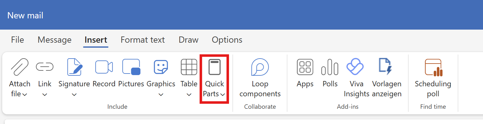 Microsoft Outlook new email window with the Insert tab selected. The Quick Parts button in the ribbon is highlighted with a red rectangle.