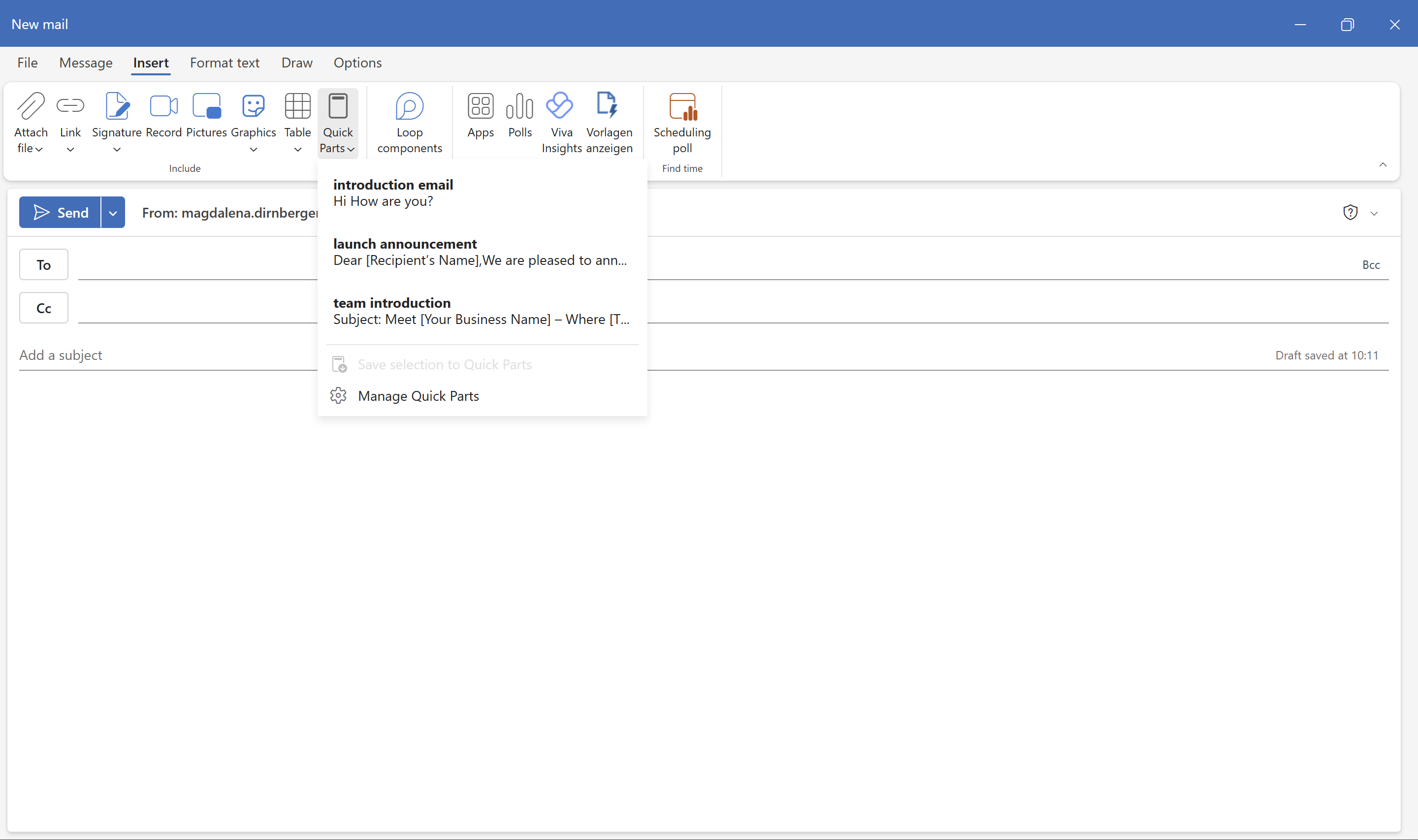 Microsoft Outlook new email window with the Insert tab selected and the Quick Parts menu expanded, showing saved entries for “introduction email,” “launch announcement,” and “team introduction.”